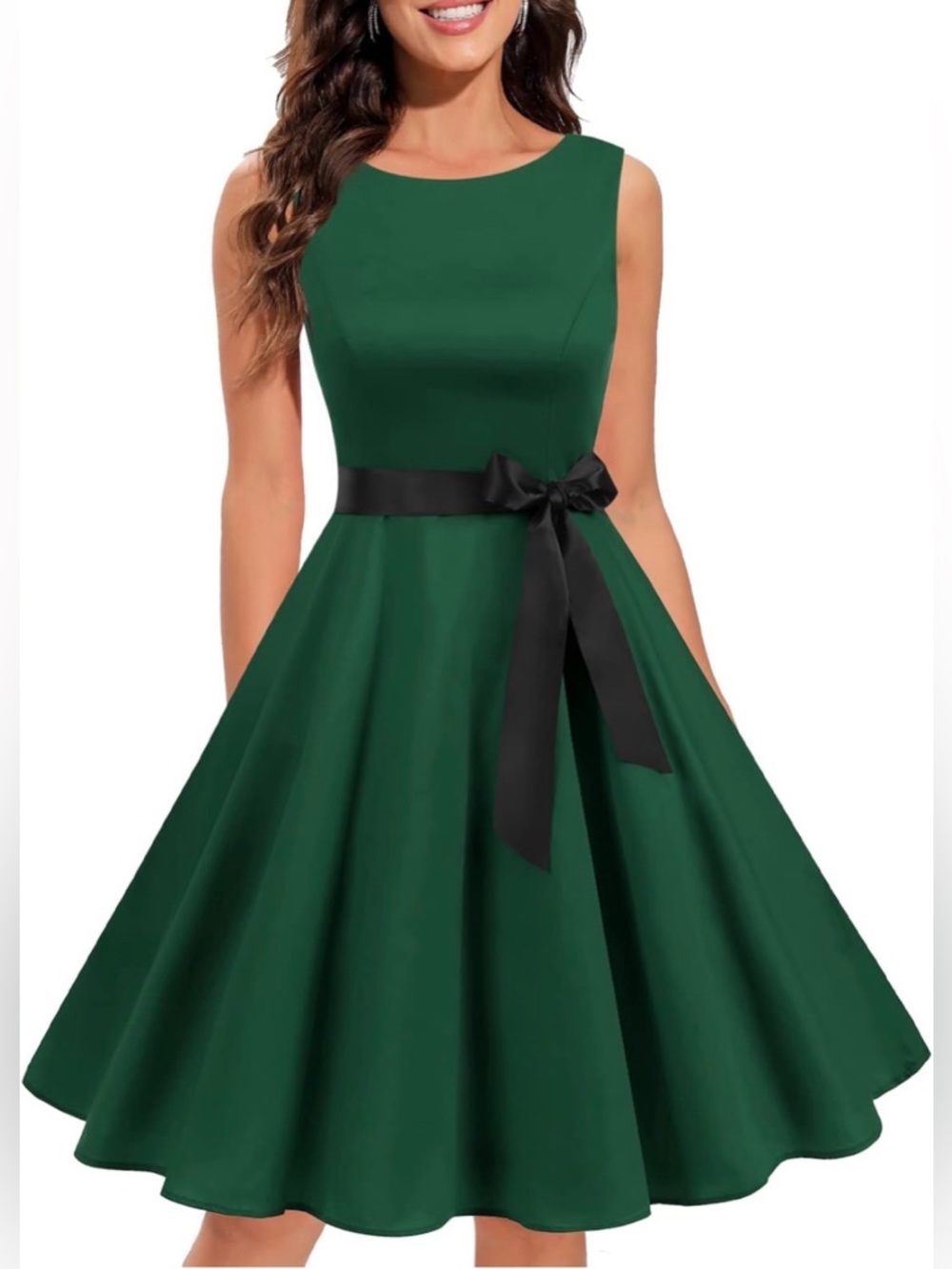 Sleeveless Emerald Green Fit-and-Flare Dress with Black Sash